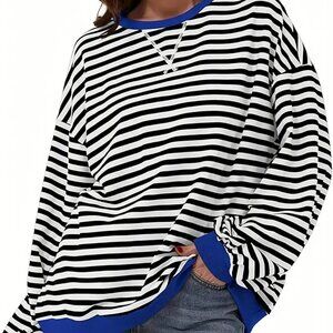 Black & Blue Contrast Striped Crewneck Top Sweater